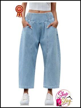 Wide Leg Cropped Jeans Baggy Boyfriend Smocked Waist Denim Pants